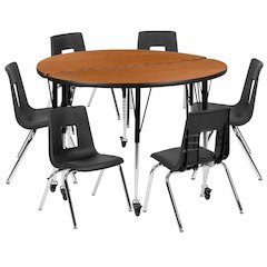 Mobile 47.5" Circle Wave Flexible Laminate Activity Table Set with 12" Student Stack Chairs, Oak/Black