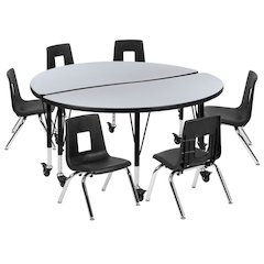 Mobile 47.5" Circle Wave Flexible Laminate Activity Table Set with 14" Student Stack Chairs, Grey/Black