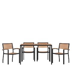 5 Piece Outdoor Dining Table Set - Synthetic Teak Poly Slats - 30" x 48" Steel Framed Table with Umbrella Hole - 4 Club Chairs