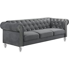 Furniture Emma Velvet Fabric Sofa with Rolled Arms in Gray