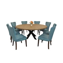 9-Piece 72 Dining Set 8 Cleo Dining Chairs in Teal Velvet Fabric Dark Brown Legs