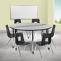 Mobile 60" Circle Wave Flexible Laminate Activity Table Set with 12" Student Stack Chairs, Grey/Black