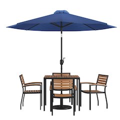 7 Piece Outdoor Patio Table Set with 4 Synthetic Teak Stackable Chairs, 35" Square Table, Navy Umbrella & Base