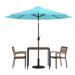 5 Piece Outdoor Patio Dining Table Set with 2 Synthetic Teak Stackable Chairs, 36" Square Table, Teal Umbrella & Base