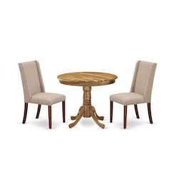 3 Piece Kitchen Table Set Contains a Round Dining Room Table with Pedestal and 2 Light Tan Linen Fabric Upholstered Chairs, 36x36 Inch, Natural