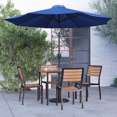 7 Piece All-Weather Deck or Patio Set with 4 Stacking Faux Teak Chairs, 35" Square Faux Teak Table, Navy Umbrella & Base