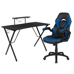 Black Gaming Desk and Blue/Black Racing Chair Set with Cup Holder, Headphone Hook, and Monitor/Smartphone Stand