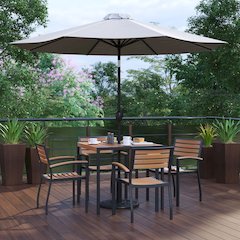 7 Piece All-Weather Deck or Patio Set with 4 Stacking Faux Teak Chairs, 35" Square Faux Teak Table, Tan Umbrella & Base