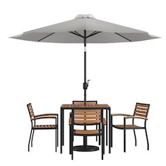 7 Piece Outdoor Patio Table Set with 4 Synthetic Teak Stackable Chairs, 35" Square Table, Gray Umbrella & Base