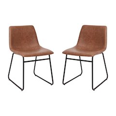 18 inch Dining Table Height Chair, Mid-Back Sled Base Dining Chair in Light Brown LeatherSoft with Black Frame, Set of 2