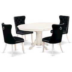 East West Furniture Avon 5 Piece Kitchen Set Consists of an Oval Dining Table with Butterfly Leaf and 4 Upholstered Chairs, 42x60 Inch, Linen White