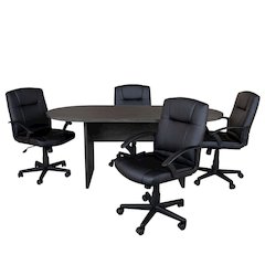 5 Piece Rustic Gray Oval Conference Table Set with 4 Black LeatherSoft-Padded Task Chairs