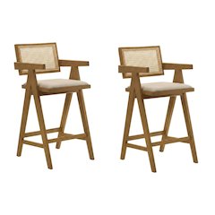 Woven Rattan Wood Bar Stool Light Walnut Set of 2 with Mid-Century Modern Design