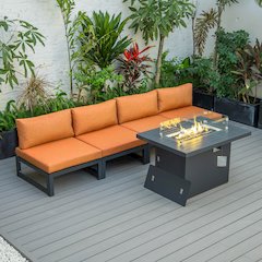 LeisureMod Chelsea 5-Piece Middle Patio Chairs and Fire Pit Table Set With Cushions, Orange