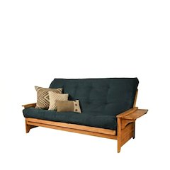 Blue Fabric Futon with Hinged Spring Mattress and Espresso Frame