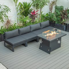 LeisureMod Chelsea 5-Piece Middle Patio Chairs and Fire Pit Table Set With Cushions, Black