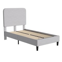 Light Grey Twin Fabric Upholstered Platform Bed - Headboard with Rounded Edges - No Box Spring or Foundation Needed