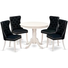 East West Furniture ANDA5-LWH-24 5 Piece Dining Room Set Consists of a Round Wooden Table with Pedestal and 4 Upholstered Chairs, Linen White
