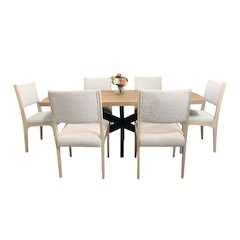 Logan 82" Dining Table, with 6 Ash Ivory Boucle Dining Chairs