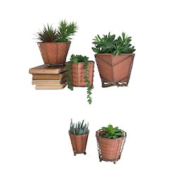 Set Of Five Terracotta Planters W Wire Wrap & Brass Detail