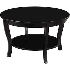 Elegant Black Round Coffee Table with Shelf, MDF Solid Rubberwood Material