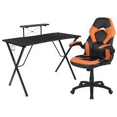 Black Gaming Desk and Orange/Black Racing Chair Set with Cup Holder, Headphone Hook, and Monitor/Smartphone Stand