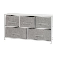 5 Drawer Wood Top White Cast Iron Frame Vertical Storage Dresser with Light Gray Easy Pull Fabric Drawers
