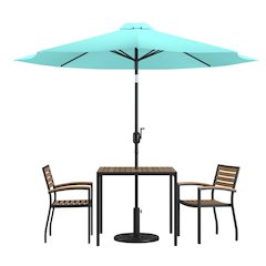 3 Piece Outdoor Patio Table Set - 30" x 48" Synthetic Teak Patio Table with Teal Umbrella and Base