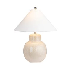 28" Transitional Tan Ceramic Table Lamp with Silver Accents & White Linen Shade