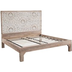Haveli Geometric Carved Queen Bed in Natural White