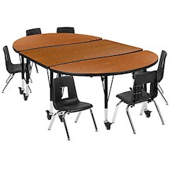 Mobile 76" Oval Wave Flexible Laminate Activity Table Set with 12" Student Stack Chairs, Oak/Black