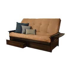 Gray fabric futon with polyester frame for versatile seating and sleeping