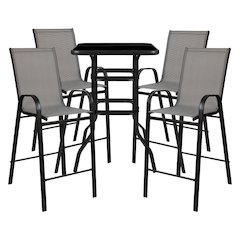 Outdoor Dining Set - 4-Person Bistro Set - Outdoor Glass Bar Table with Gray All-Weather Patio Stools