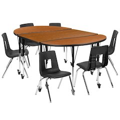 Mobile 86" Oval Wave Flexible Laminate Activity Table Set with 16" Student Stack Chairs, Oak/Black