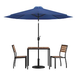 5 Piece All-Weather Deck or Patio Set with 2 Stacking Faux Teak Chairs, 35" Square Faux Teak Table, Navy Umbrella & Base