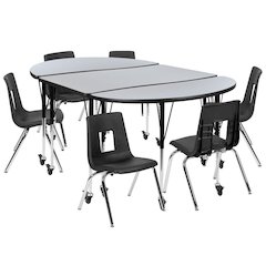 Mobile 86" Oval Wave Flexible Laminate Activity Table Set with 16" Student Stack Chairs, Grey/Black