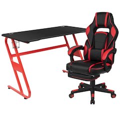 Red Gaming Desk with Cup Holder/Headphone Hook & Red Reclining Back/Arms Gaming Chair with Footrest