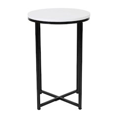 End Table - Modern White Marble Finish Accent Table with Crisscross Matte Black Frame