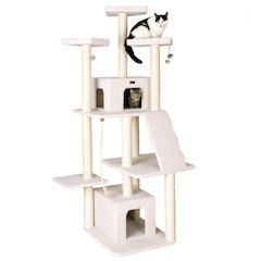 Classic Real Wood Cat Tree In Ivory, Multi Levels With Ramp