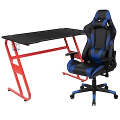 Red Gaming Desk and Blue Reclining Gaming Chair Set with Cup Holder and Headphone Hook