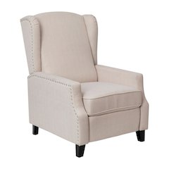 Traditional Style Slim Push Back Recliner Chair-Wingback Recliner with Cream Fabric Upholstery-Accent Nail Trim