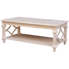 Unfinished Parawood Coffee Table with Brown Finish and Easy Care Surface