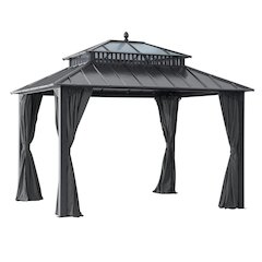 12 ft x 10 ft Hardtop Gazebo with Steel & PC Roof, Grey Aluminum Frame