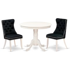East West Furniture ANDA3-LWH-24 3 Piece Dining Set Includes a Round Kitchen Table with Pedestal and 2 Upholstered Chairs, Linen White