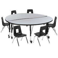 Mobile 60" Circle Wave Flexible Laminate Activity Table Set with 14" Student Stack Chairs, Grey/Black
