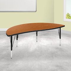 Mobile 60" Half Circle Wave Flexible Collaborative Oak Thermal Laminate Activity Table - Height Adjustable Short Legs