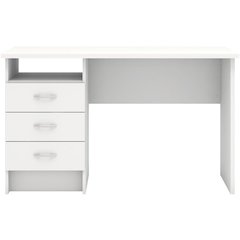 Sleek White Computer Desk with Three Drawers and Open Shelf for Storage