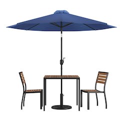 3 Piece Outdoor Patio Table Set - 35" Square Synthetic Teak Patio Table with Navy Umbrella and Base