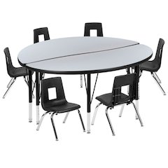 47.5" Circle Wave Flexible Laminate Activity Table Set with 12" Student Stack Chairs, Grey/Black