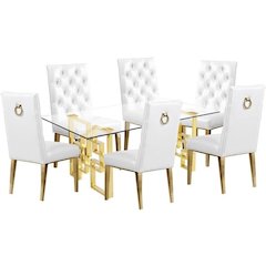 Gold Tempered Glass 7 Piece Dining Set Ring Chairs in White Faux Leather